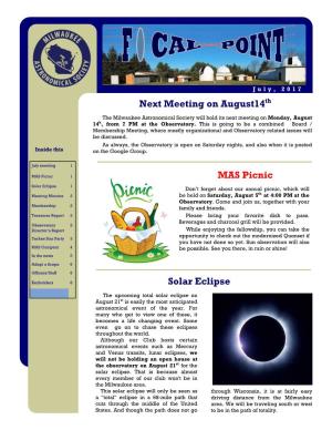 Next Meeting on August14th MAS Picnic Solar Eclipse