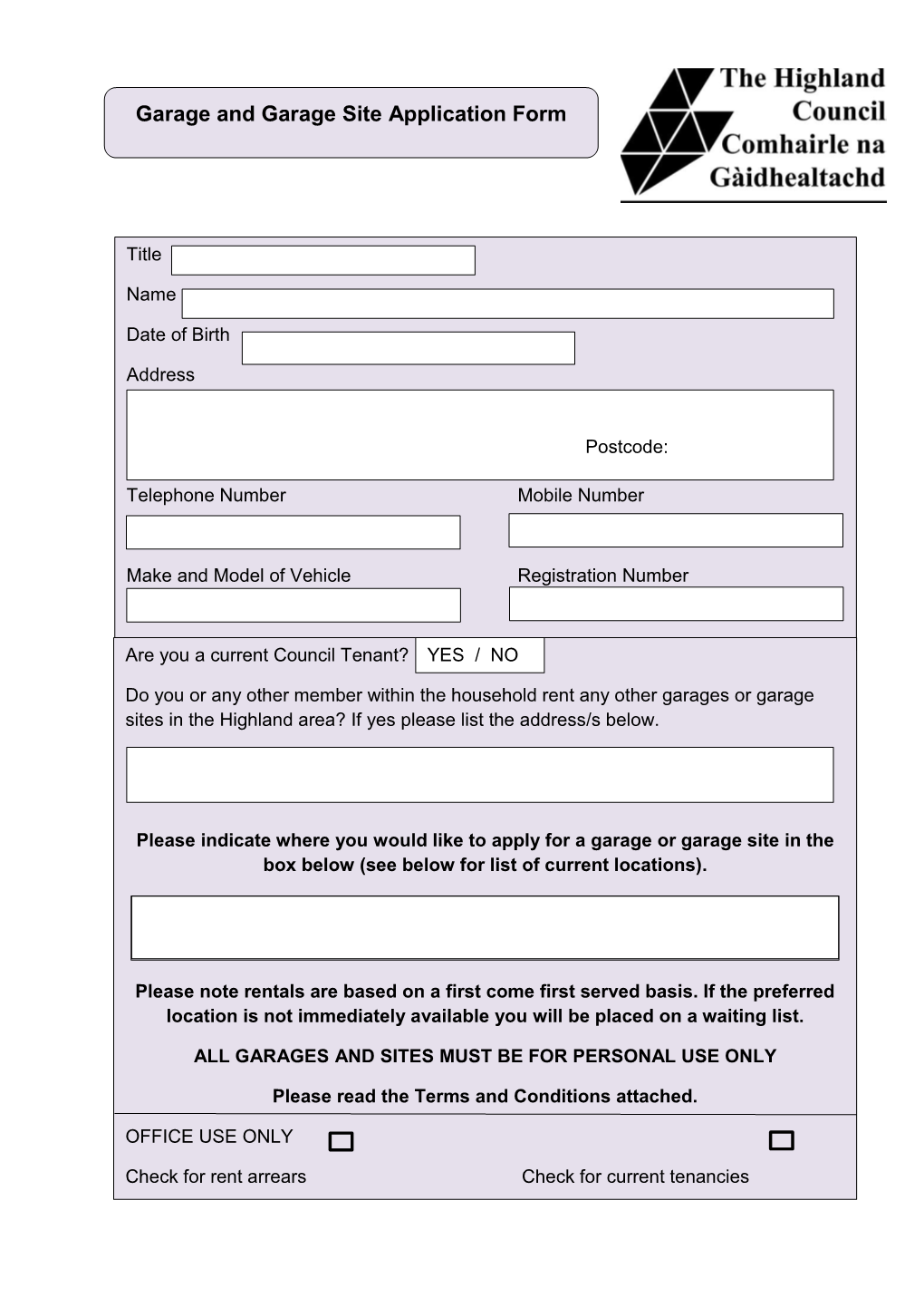 Garage and Garage Site Application Form