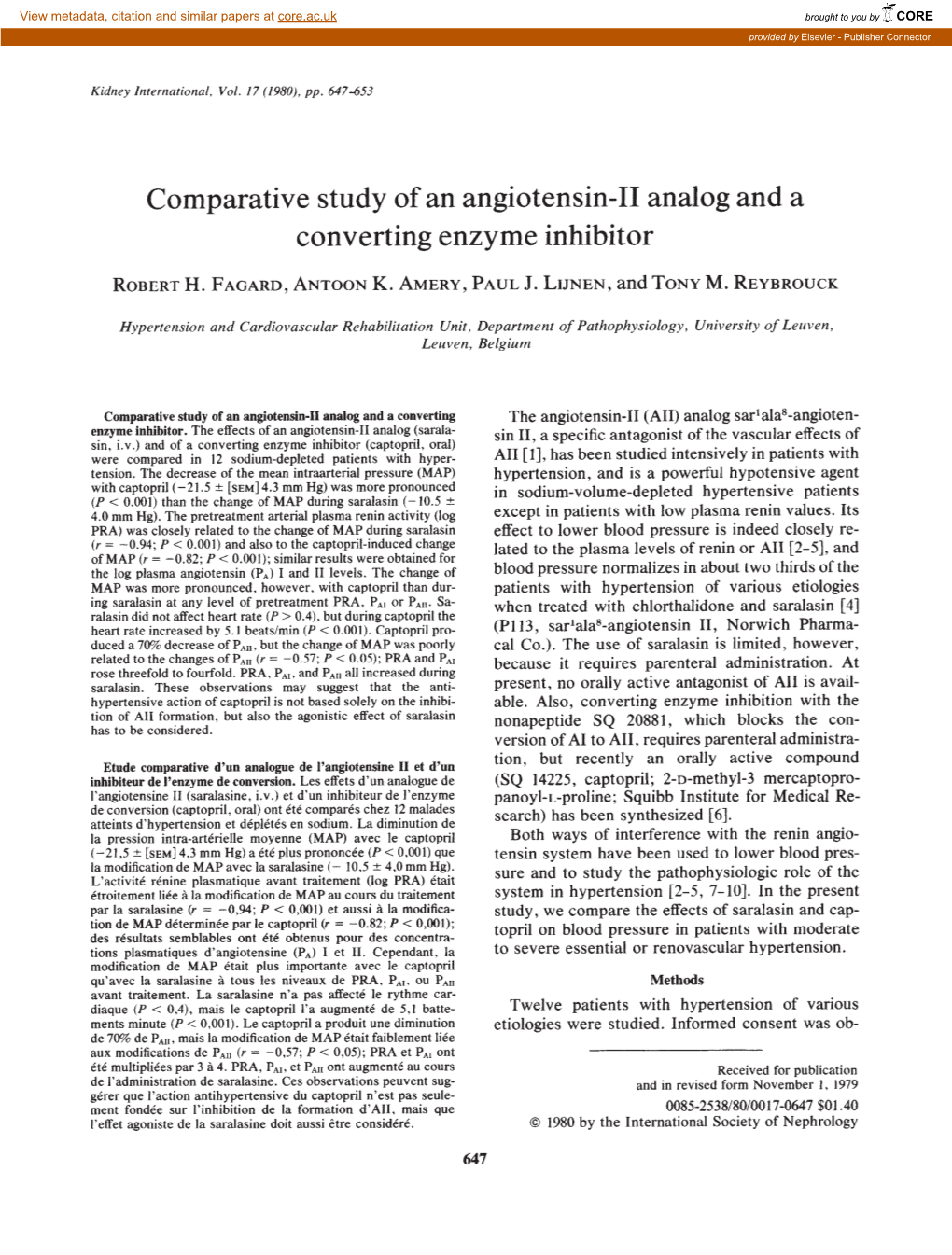 Comparative Study of an Angiotensin-II Analog and a Converting Enzyme Inhibitor