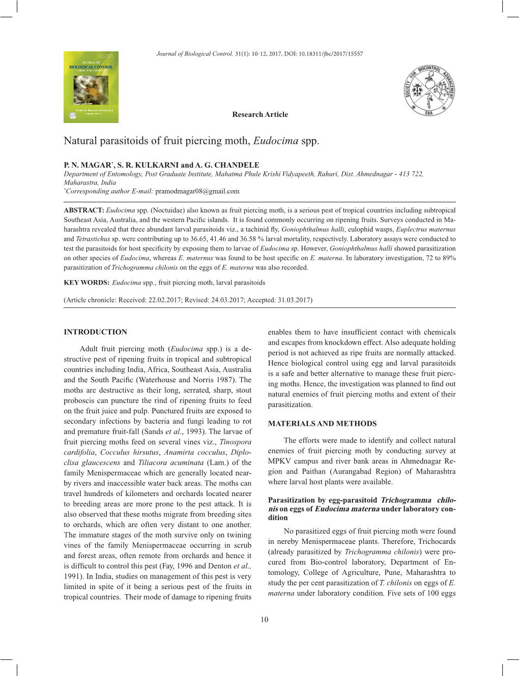 Natural Parasitoids of Fruit Piercing Moth, Eudocima Spp