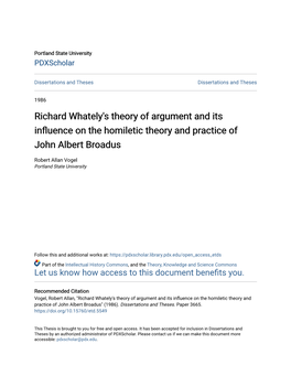 Richard Whately's Theory of Argument and Its Influence on the Homiletic Theory and Practice of John Albert Broadus