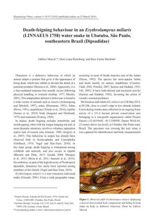 Death-Feigning Behaviour in an Erythrolamprus Miliaris (LINNAEUS 1758) Water Snake in Ubatuba, São Paulo, Southeastern Brazil (Dipsadidae)