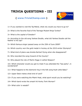 Trivia Questions - Iii
