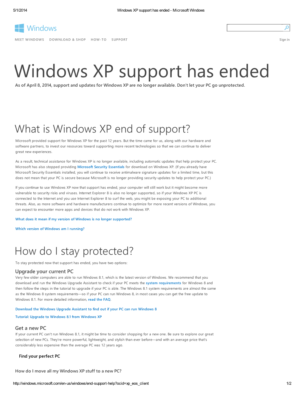 Windows XP Support Has Ended - Microsoft Windows