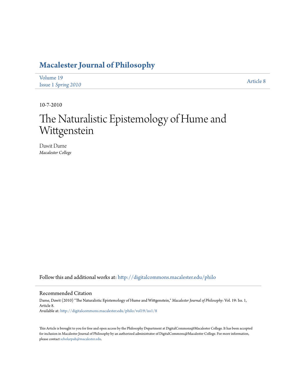 The Naturalistic Epistemology of Hume and Wittgenstein