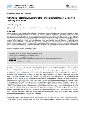Geriatric Logotherapy: Exploring the Psychotherapeutics of Memory in Treating the Elderly