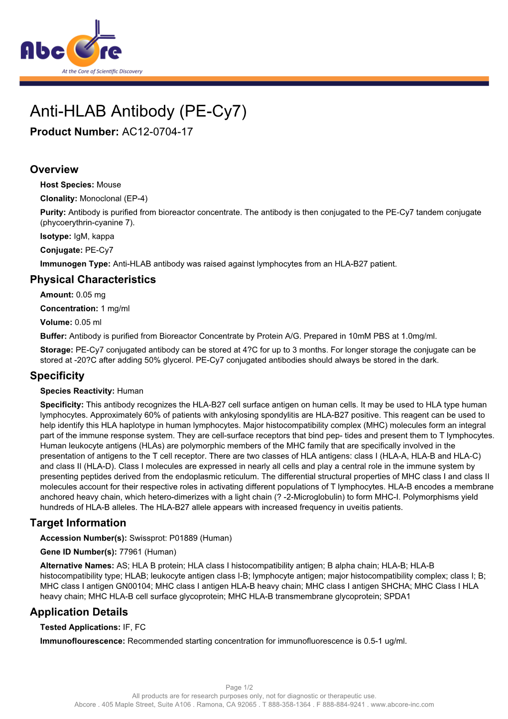 Anti-HLAB Antibody (PE-Cy7) Product Number: AC12-0704-17