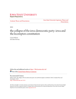 The Collapse of the Iowa Democratic Party: Iowa and the Lecompton Constitution Garret Wilson Iowa State University