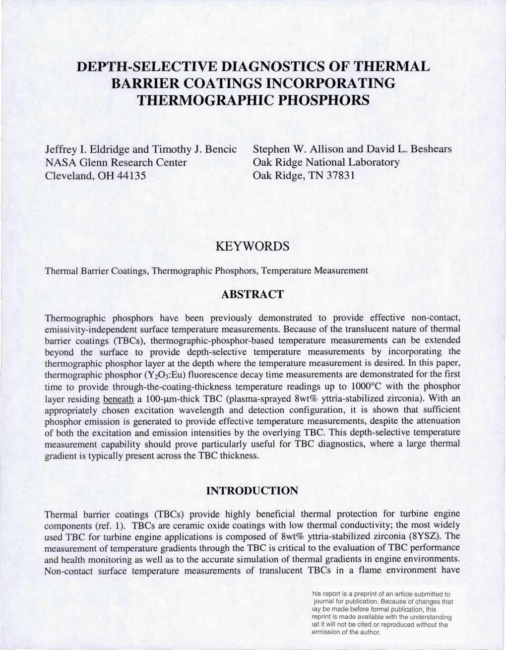 Depth-Selective Diagnostics of Thermal Barrier Coatings Incorporating Thermographic Phosphors