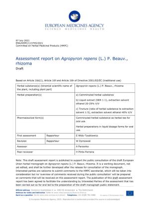 Draft Assessment Report on Agropyron Repens (L.) P. Beauv., Rhizoma