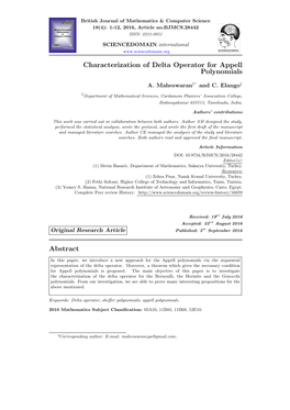 Characterization of Delta Operator for Appell Polynomials Abstract