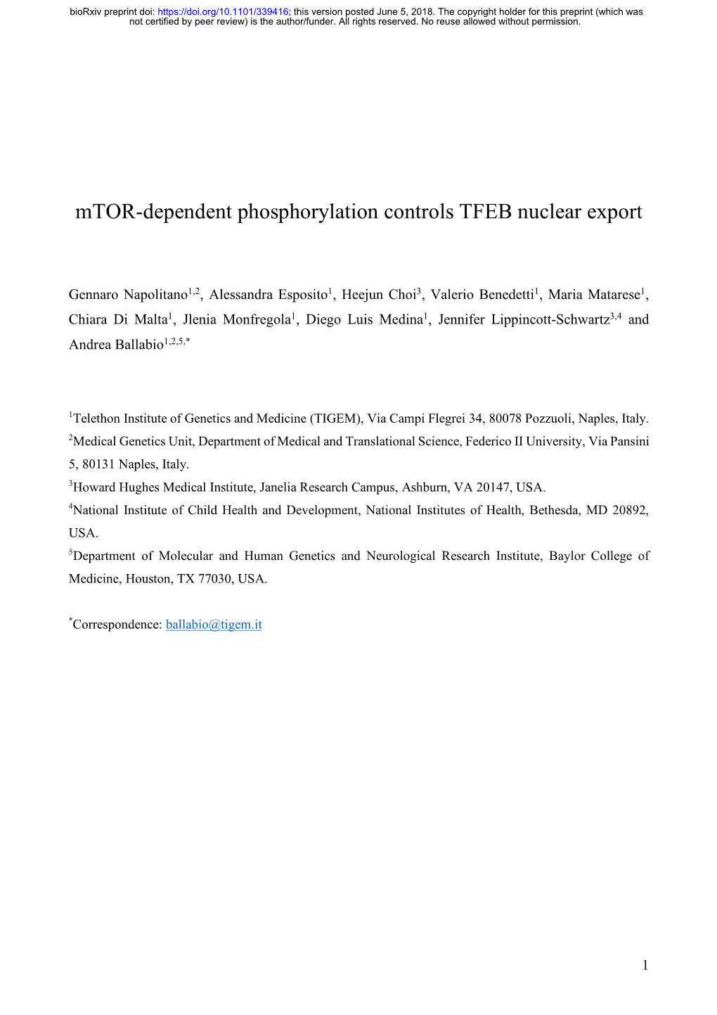 Mtor-Dependent Phosphorylation Controls TFEB Nuclear Export