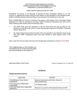Stockton-On-Tees Borough Council Tarmac Resurfacing Programme 2019/2020 Temporary Closure Order 2019