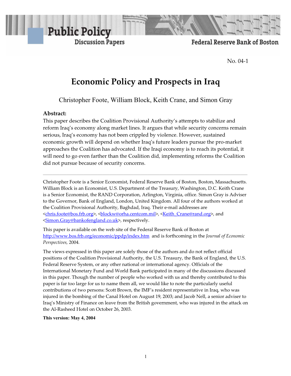 Economic Policy and Prospects in Iraq