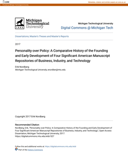 A Comparative History of the Founding and Early Development of Four Significant American Manuscript Repositories of Business, Industry, and Technology