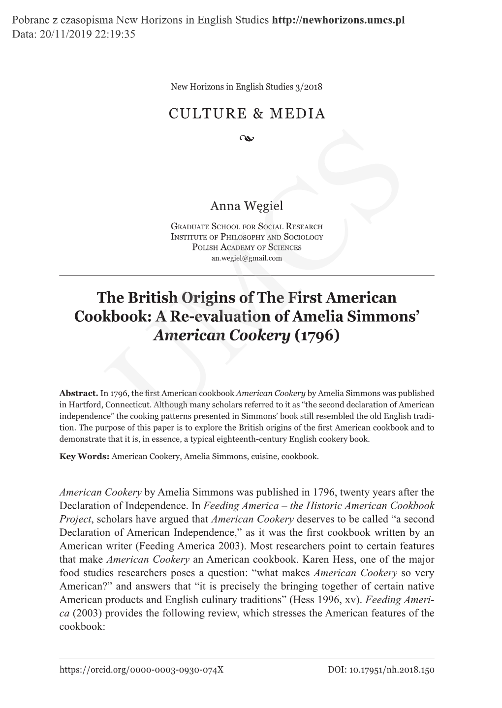 The British Origins of the First American Cookbook: a Re-Evaluation of Amelia Simmons’ American Cookery (1796)