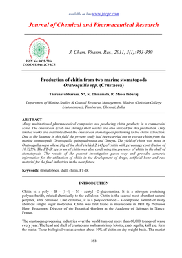 Production of Chitin from Two Marine Stomatopods Oratosquilla Spp. (Crustacea)