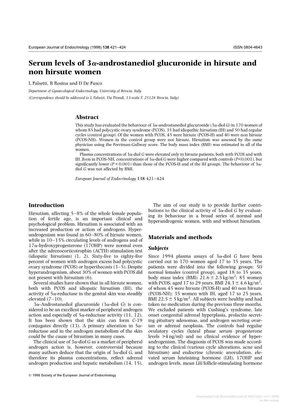 Serum Levels of 3A-Androstanediol Glucuronide in Hirsute and Non Hirsute Women