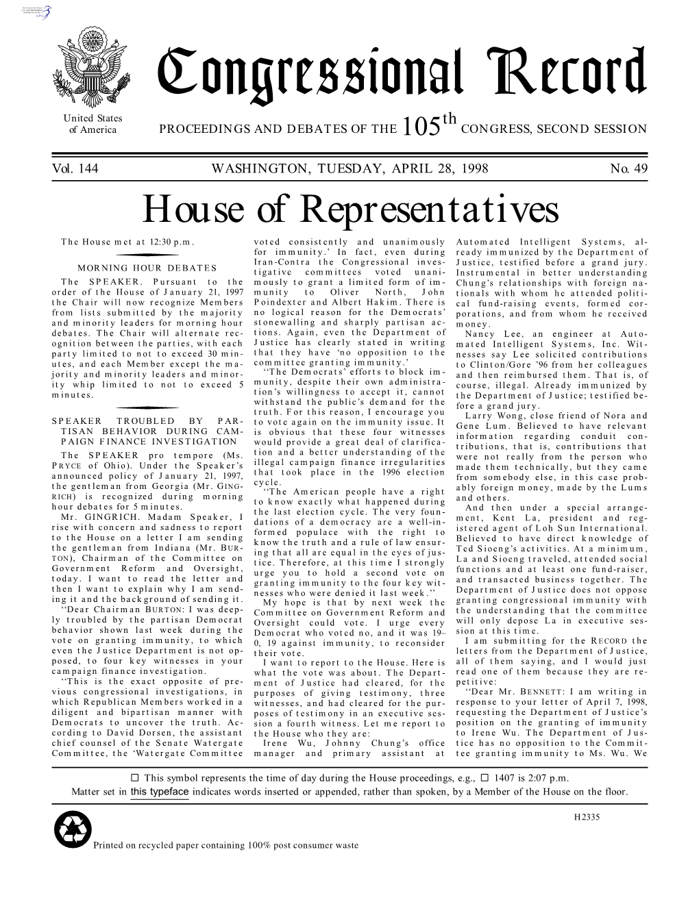 Congressional Record United States Th of America PROCEEDINGS and DEBATES of the 105 CONGRESS, SECOND SESSION