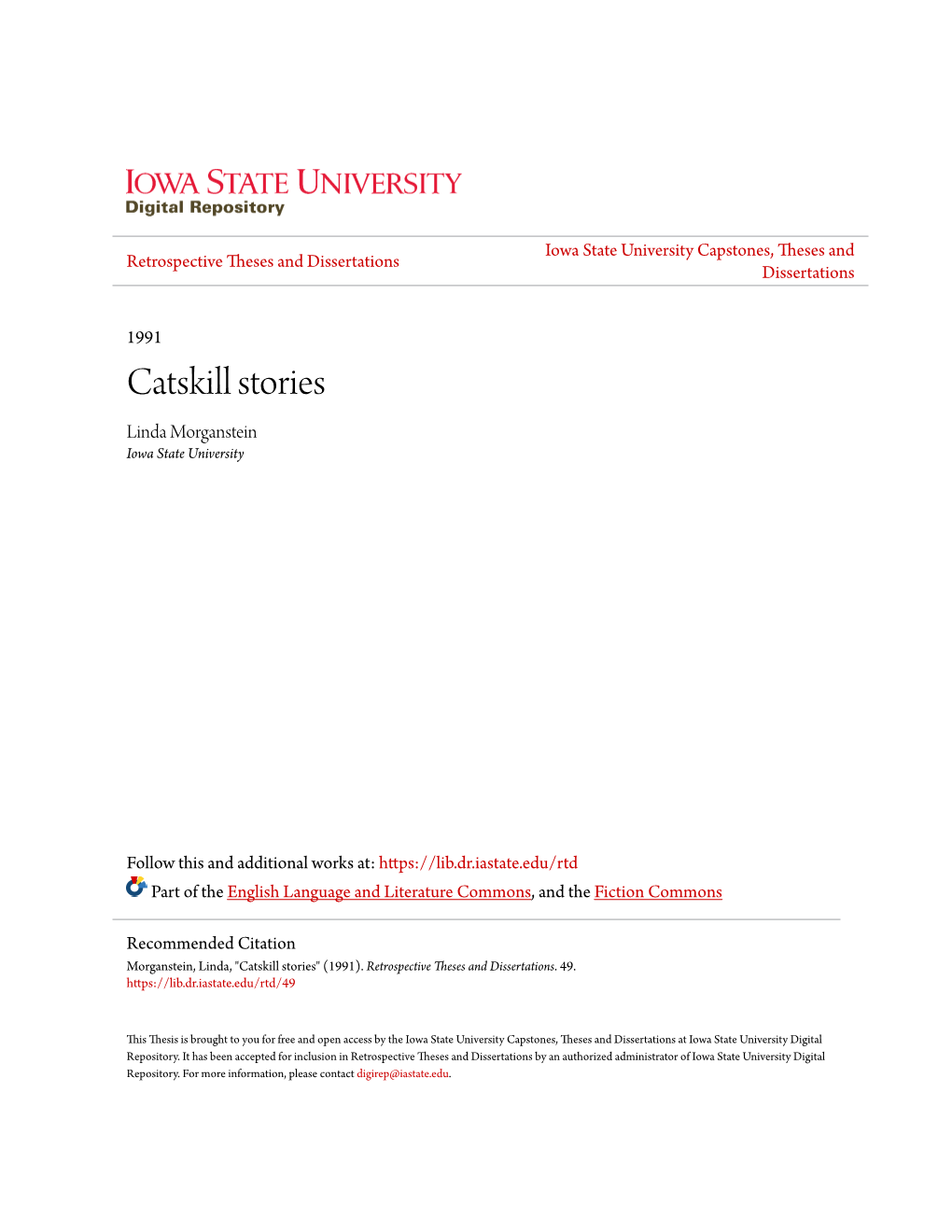 Catskill Stories Linda Morganstein Iowa State University