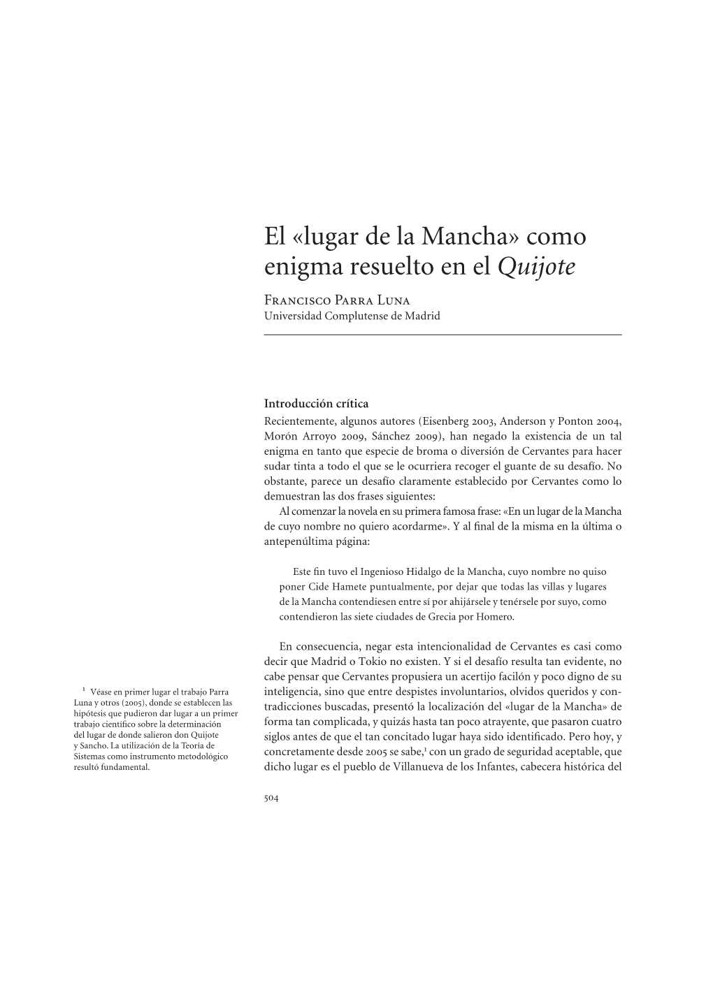 Como Enigma Resuelto En El Quijote Francisco Parra Luna Universidad Complutense De Madrid