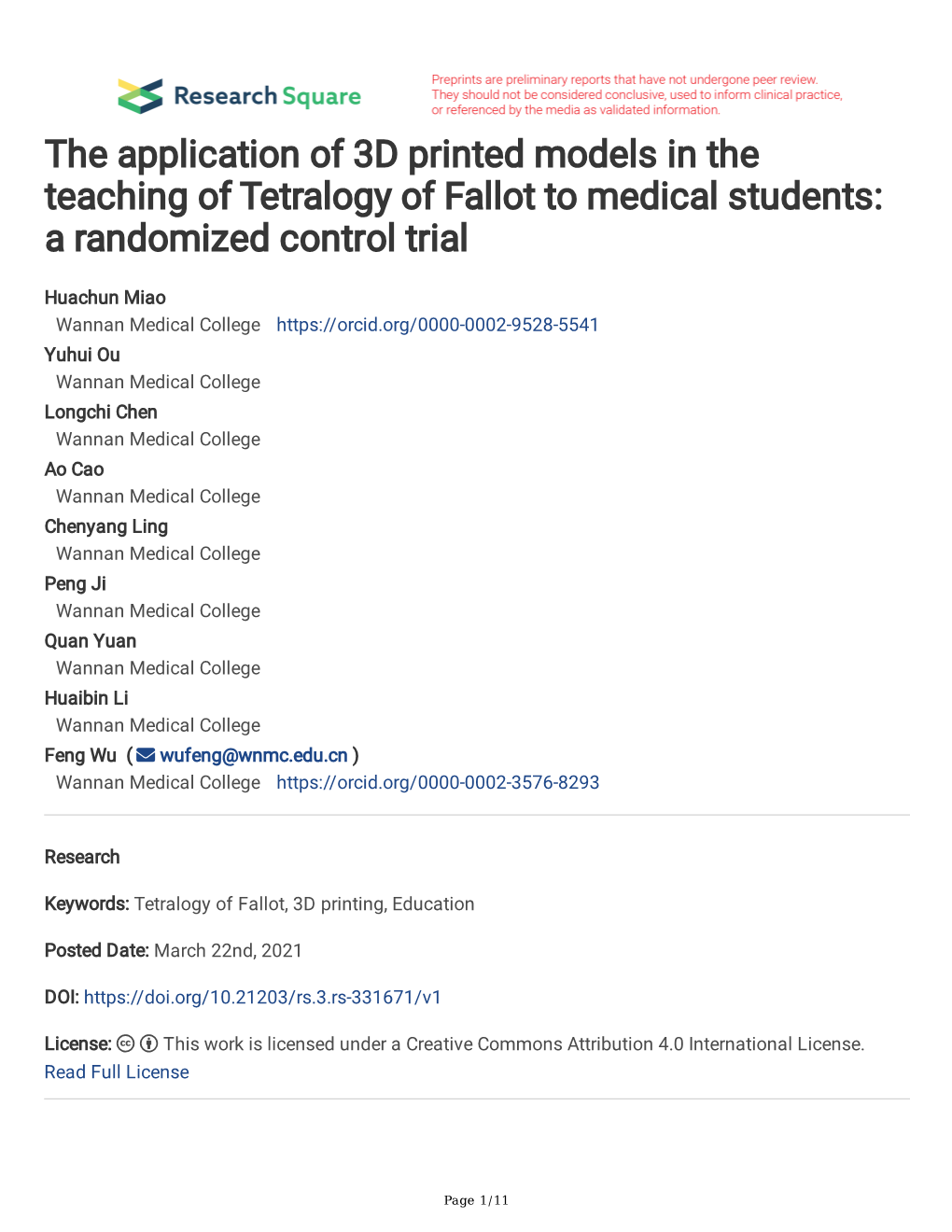 The Application of 3D Printed Models in the Teaching of Tetralogy of Fallot to Medical Students: a Randomized Control Trial