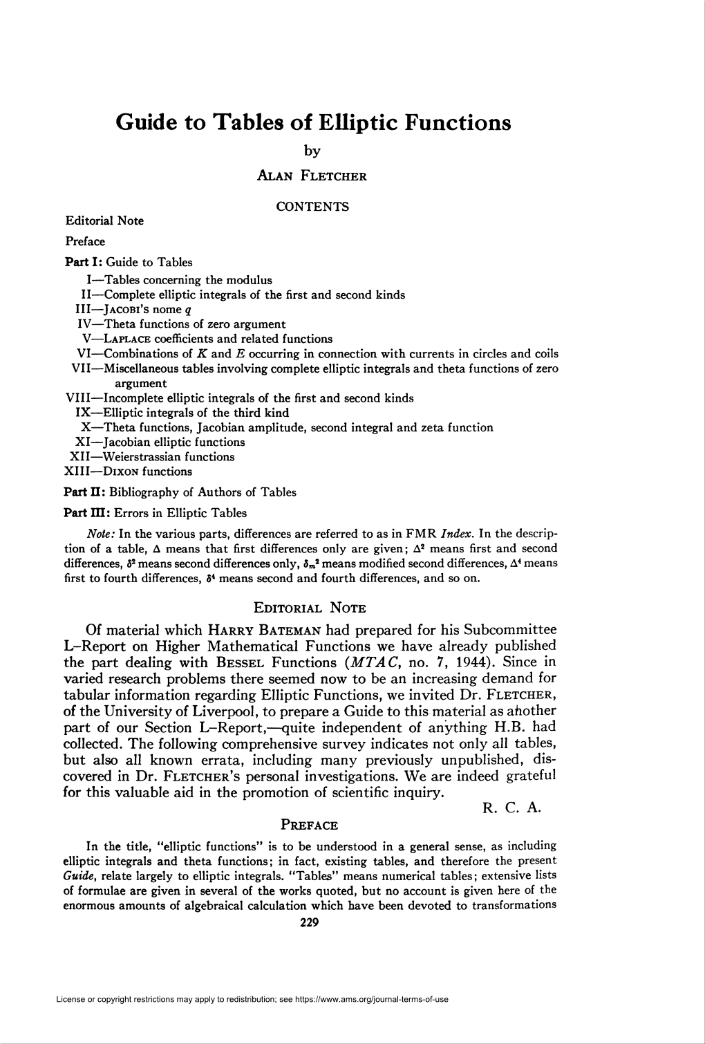 Guide to Tables of Elliptic Functions by Alan Fletcher