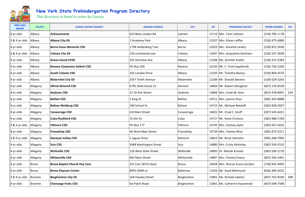 New York State Prekindergarten Program Directory This Directory Is Listed in Order by County