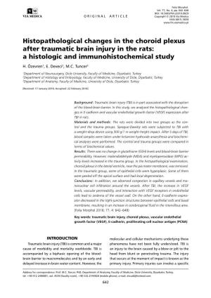 Histopathological Changes in the Choroid Plexus After Traumatic Brain Injury in the Rats: a Histologic and Immunohistochemical Study H