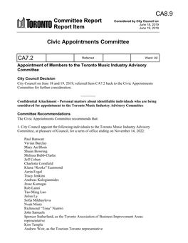 Committee Report Report Item Civic Appointments Committee CA7.2