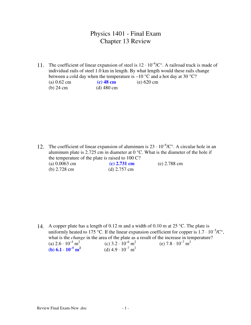 Physics 1401 - Final Exam Chapter 13 Review