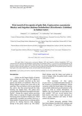 First Record of Two Species of Goby Fish, Cryptocentrus Cyanotaenia Bleeker and Istigobius Diadema Steindachner (Perciformes: Gobiidae) in Indian Waters