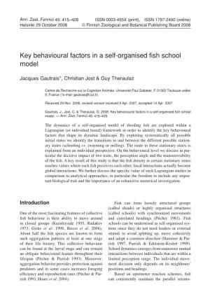 Key Behavioural Factors in a Self-Organised Fish School Model