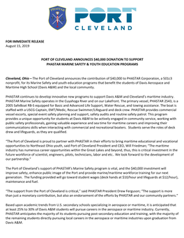 FOR IMMEDIATE RELEASE August 15, 2019 PORT OF