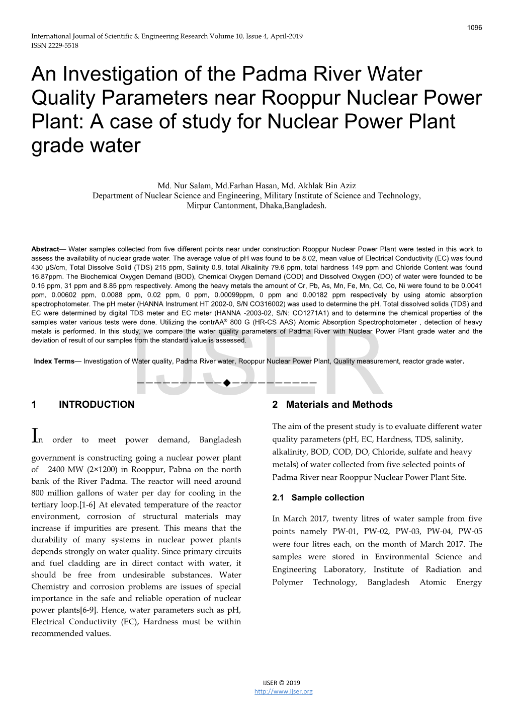 A Case of Study for Nuclear Power Plant Grade Water