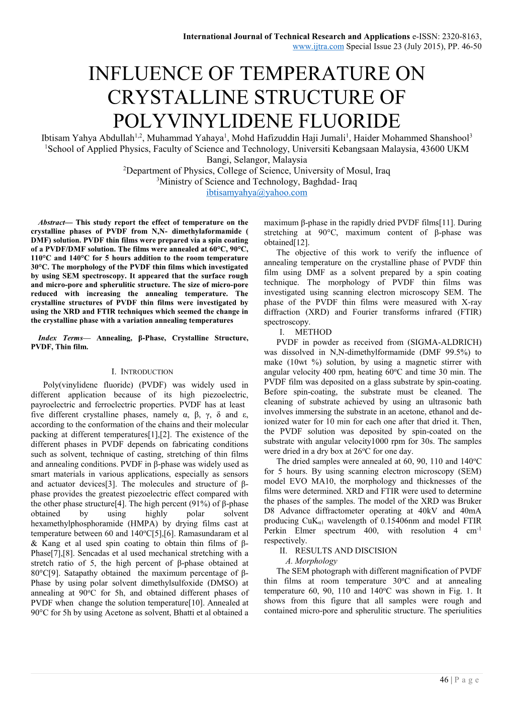 Influence of Temperature on Crystalline Structure of Polyvinylidene Fluoride