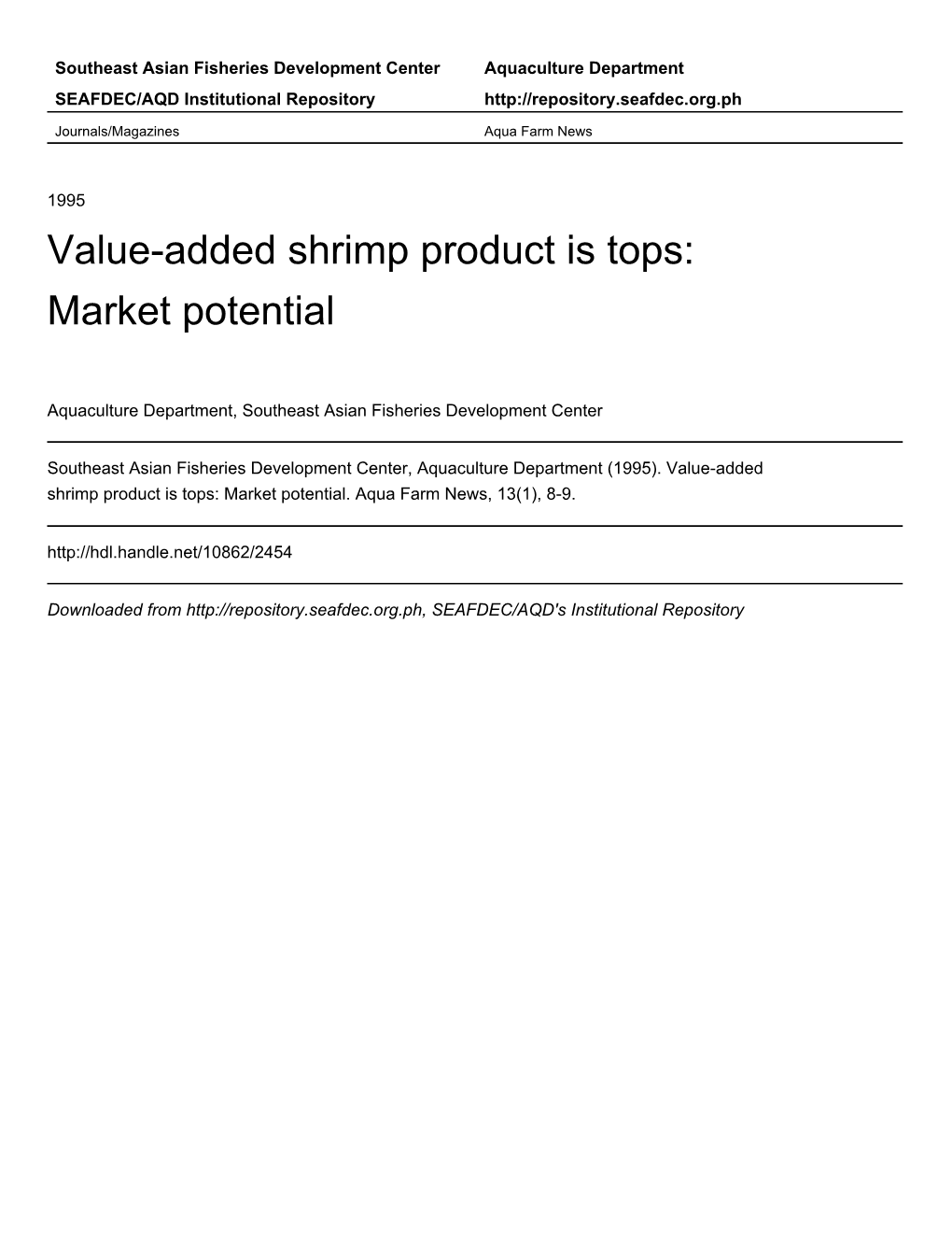 Value-Added Shrimp Product Is Tops: Market Potential