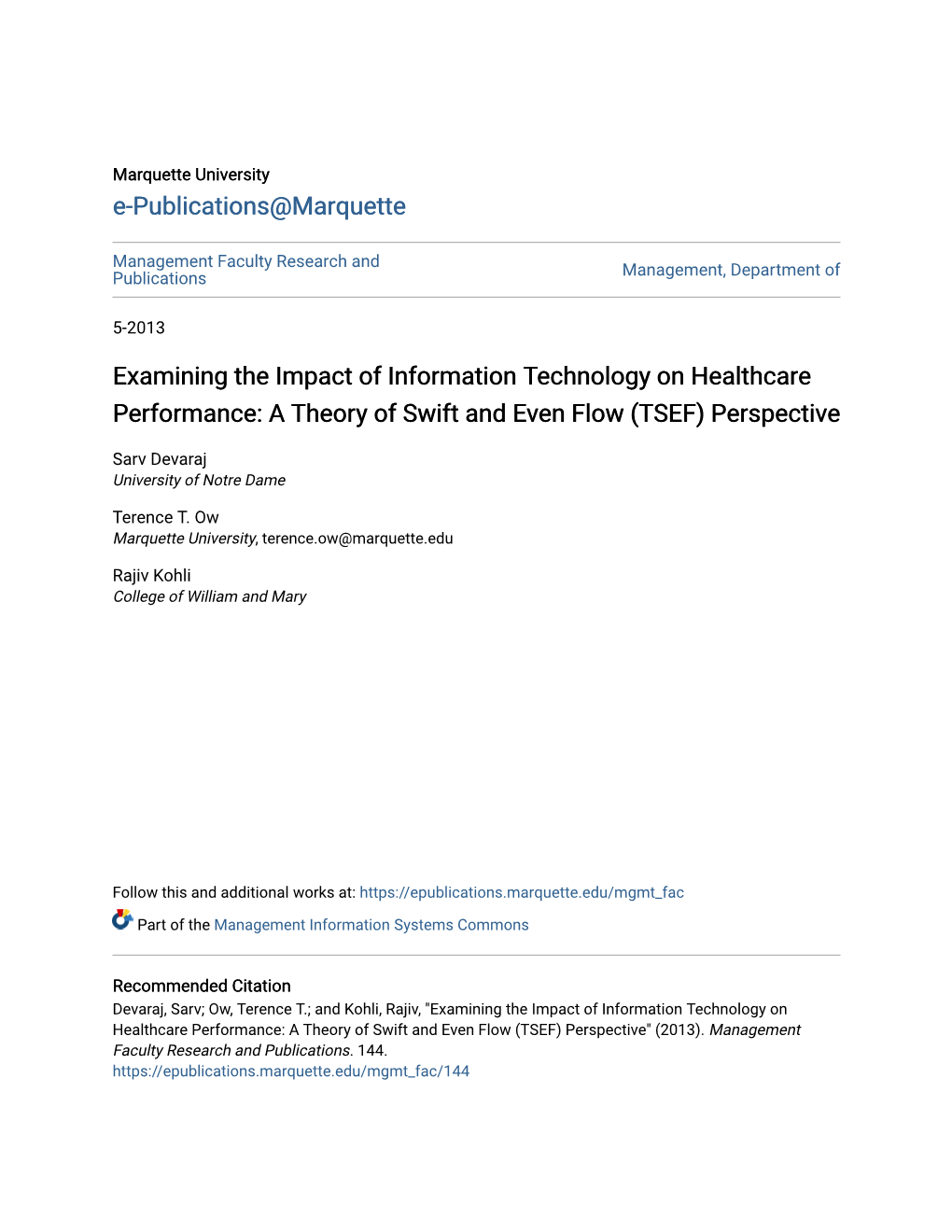 A Theory of Swift and Even Flow (TSEF) Perspective