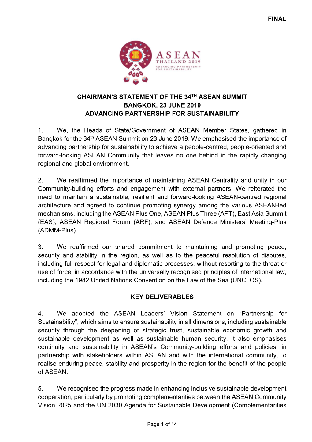 Final Chairman's Statement of the 34 Th Asean Summit