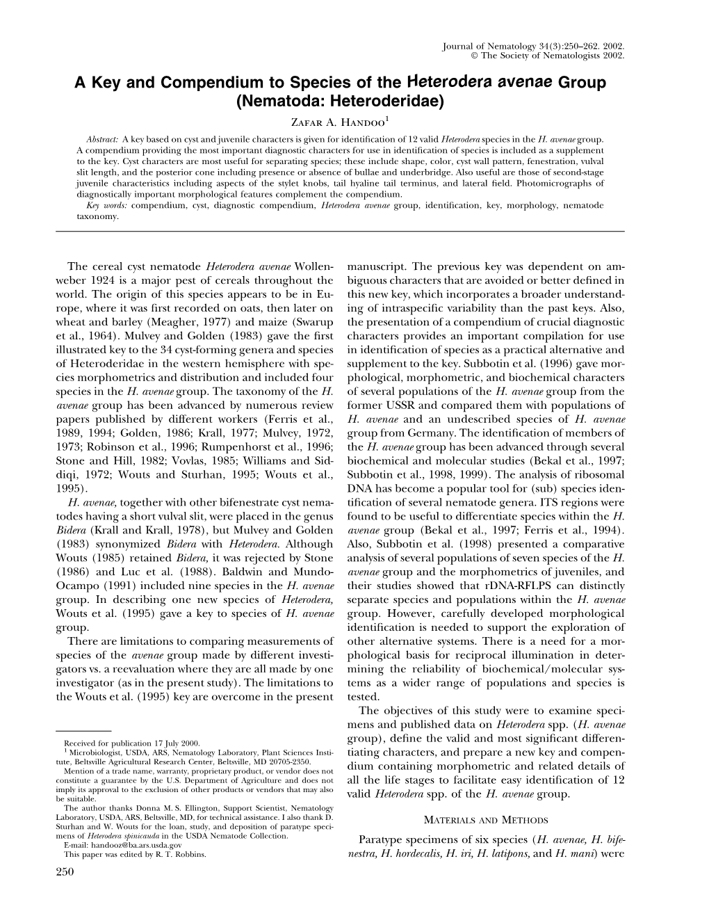 A Key and Compendium to Species of the Heterodera Avenae Group (Nematoda: Heteroderidae) Zafar A