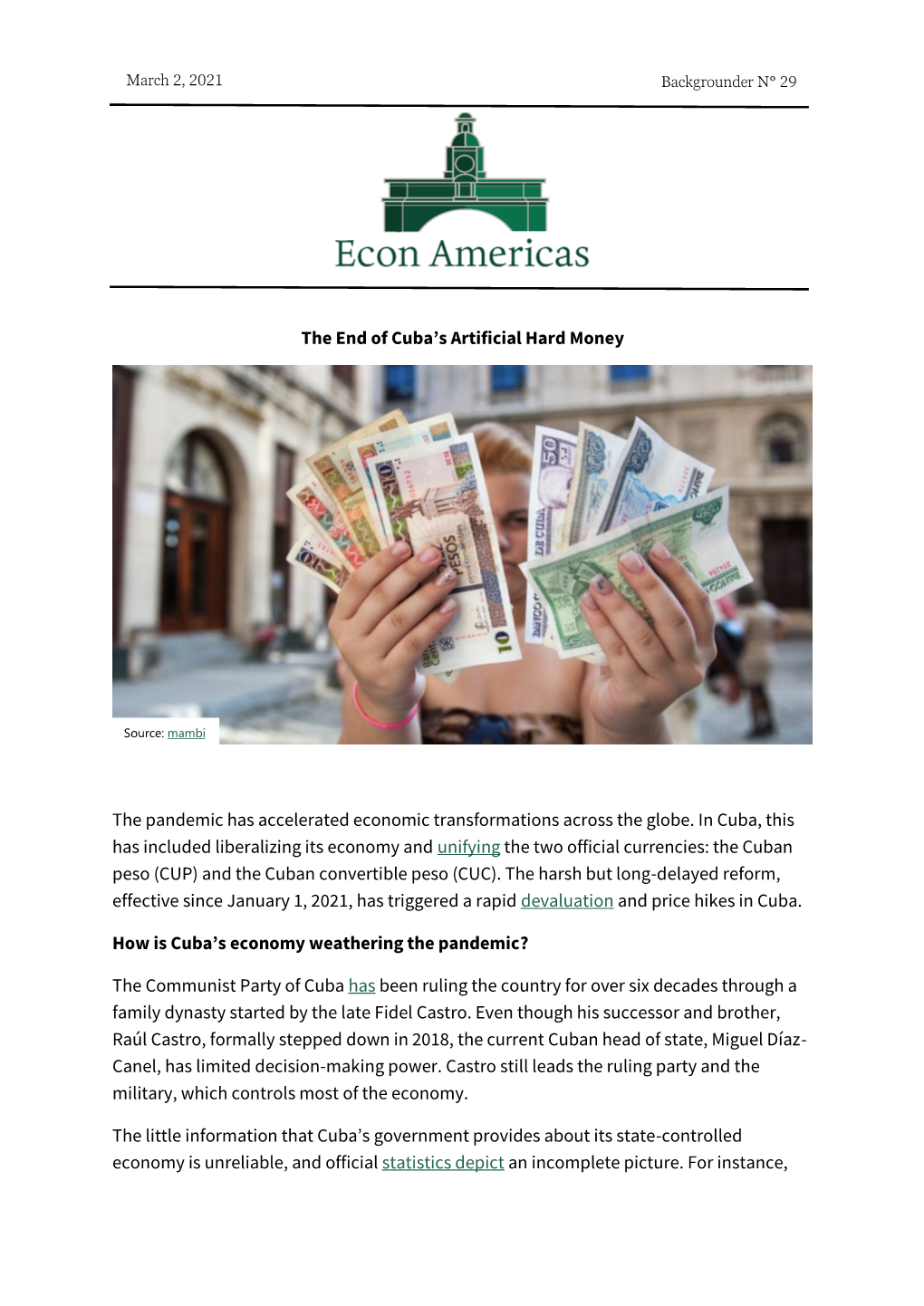 The End of Cuba's Artificial Hard Money The