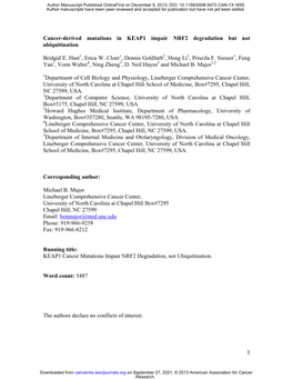 1 Cancer-Derived Mutations in KEAP1 Impair NRF2 Degradation but Not