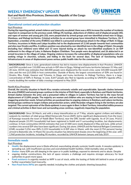 WEEKLY EMERGENCY UPDATE Ituri and North Kivu Provinces, Democratic Republic of the Congo 6 – 13 September 2019