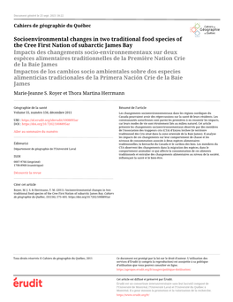 Socioenvironmental Changes in Two Traditional Food Species of the Cree