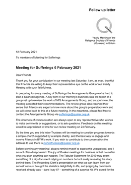 Follow up Letter Meeting for Sufferings 6 February 2021