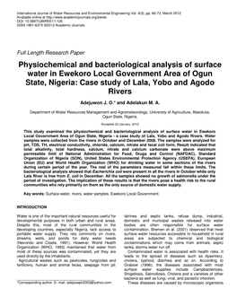 Physiochemical and Bacteriological Analysis of Surface Water in Ewekoro Local Government Area of Ogun State, Nigeria: Case Study of Lala, Yobo and Agodo Rivers