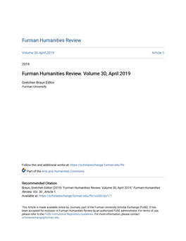 Furman Humanities Review. Volume 30, April 2019
