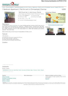 1 Bedroom Apartment / Flat for Rent in Chintadripet, Chennai 6,000 1BHK Studio Apt
