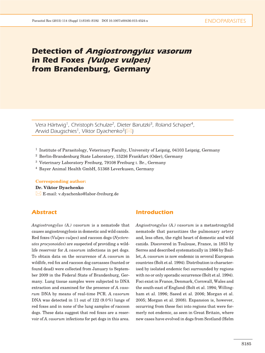 Detection of Angiostrongylus Vasorum in Red Foxes (Vulpes Vulpes) from Brandenburg, Germany