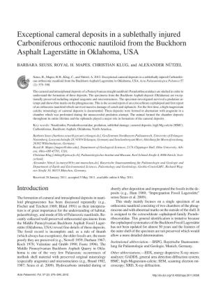 Exceptional Cameral Deposits in a Sublethally Injured Carboniferous Orthoconic Nautiloid from the Buckhorn Asphalt Lagerstätte in Oklahoma, USA